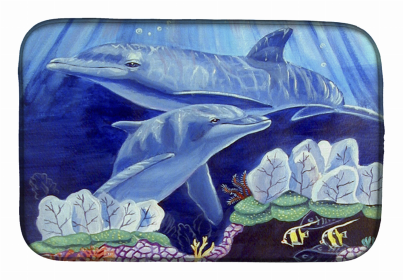 Sealife Themed Dish Drying Mat (Color: Dolphin 1, size: 14 x 21)