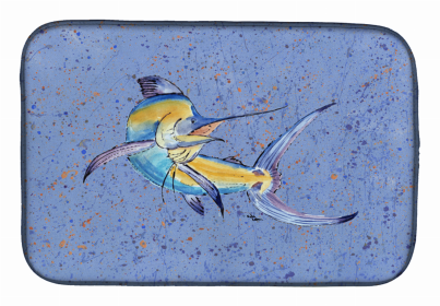 Sealife Themed Dish Drying Mat (Color: Blue Marlin Fish, size: 14 x 21)