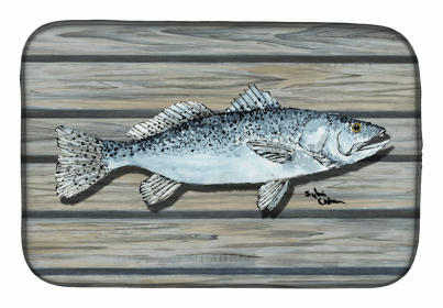Sealife Themed Dish Drying Mat (Color: Speckled Trout Fish on Pier, size: 14 x 21)