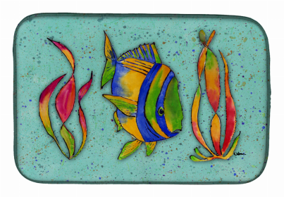 Sealife Themed Dish Drying Mat (Color: Tropical Fish on Teal, size: 14 x 21)